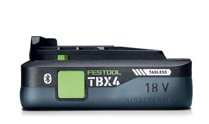 Batteri av märket Festool med texten "TBX4 18V Airstream" och grön knapp, svart och grå design.