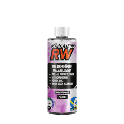 Flaska med etikett "GÖR DET MED RW MULTIRENGÖRING MALVABLOMMA", lila och svart design, 500 ml.