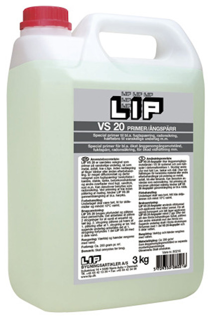 En vit plastdunk med rött lock, etiketten visar texten "LIP VS 20 PRIMER/ÅNGSPÄRR".