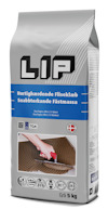 Förpackning av LIP snabbhärdande fästmassa, 5 kg, grå, med en bild på en hand som applicerar fästmassa.