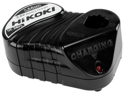 Svart batteriladdare med texten "HiKOKI 3.6V Battery Charger UC 3SFL" och en liten röd indikatorlampa.