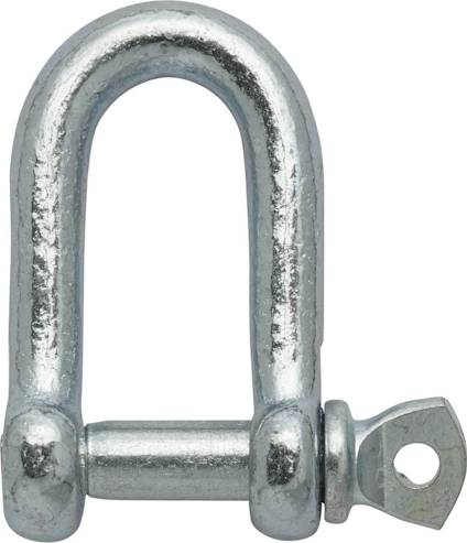 Metallschackel i U-form med skruvpinn på sidan.