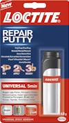 Förpackning med Loctite Repair Putty, epoxy, 48g. Text på flera språk beskriver blandning, applicering och snabb härdning.