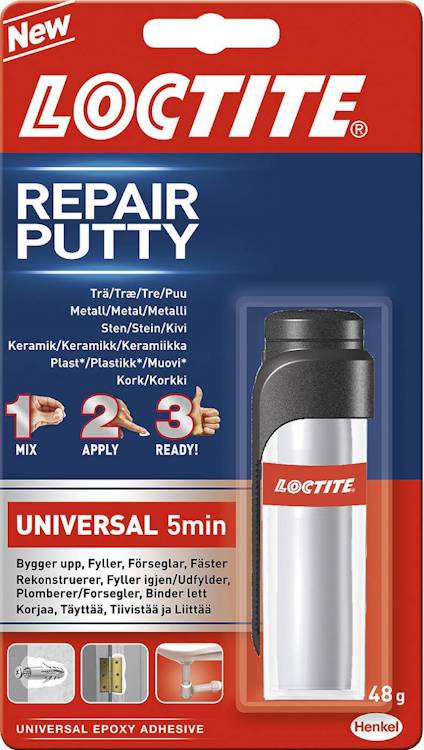 Förpackning med Loctite Repair Putty, epoxy, 48g. Text på flera språk beskriver blandning, applicering och snabb härdning.