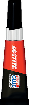 Tub med röd och svart etikett, text: "LOCTITE SUPER GLUE Power Gel".