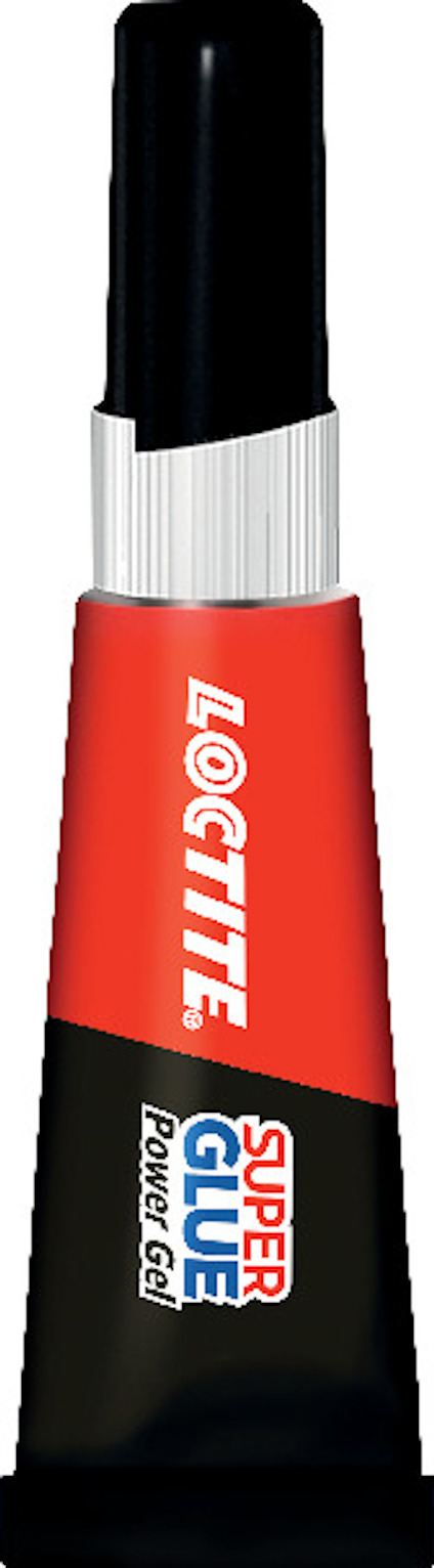 Tub med röd och svart etikett, text: "LOCTITE SUPER GLUE Power Gel".