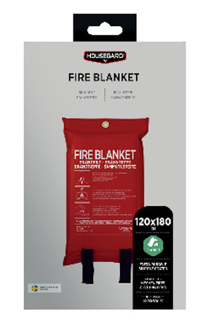 Brandfilt i röd förpackning, märkt "120x180 cm" med text på engelska, används för att släcka bränder upp till 500°C.