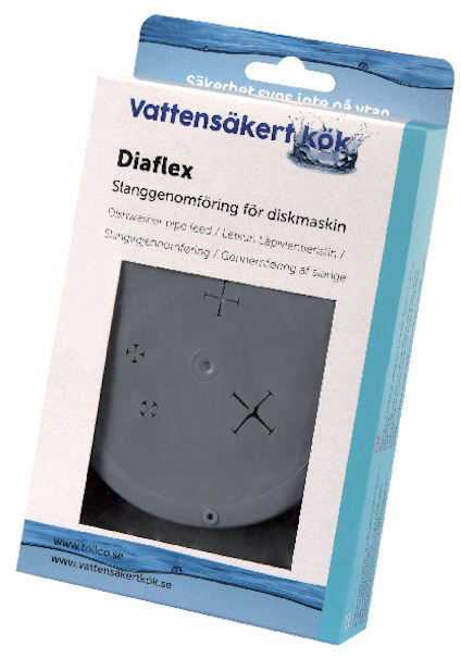 Förpackning med Diaflex slanggenomföring för diskmaskin från Vattensäker Kök. Webbadress: www.kollco.se.