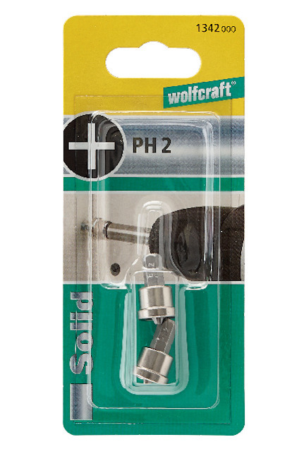 Förpackning med PH 2 skruvbits från Wolfcraft, art nr 1342000. Två bits synliga genom plast.