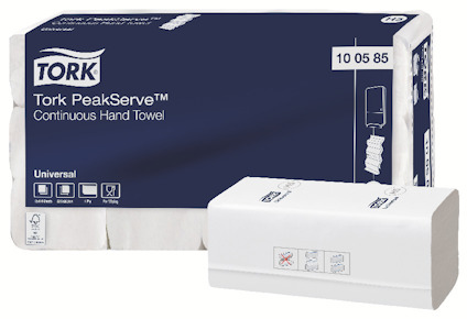 Förpackning med Tork PeakServe Continuous Hand Towel och separata handdukar, artikelnummer 100585.