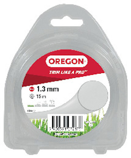Förpackning med 1,3 mm trimmertråd, 15 m, märkt "OREGON, TRIM LIKE A PRO".