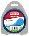 Trimmerspole från Oregon, 1,7 mm tjock och 15 m lång, förpackad i plastbehållare. Text: "Trim Like a Pro". Barcode nederst.