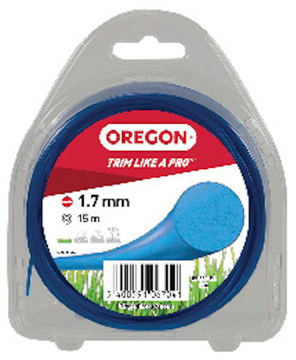 Trimmerspole från Oregon, 1,7 mm tjock och 15 m lång, förpackad i plastbehållare. Text: "Trim Like a Pro". Barcode nederst.