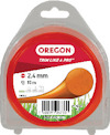 Förpackning med orange trimmertråd, märkt "Oregon 2,4 mm, 15 m. Trim Like a Pro".