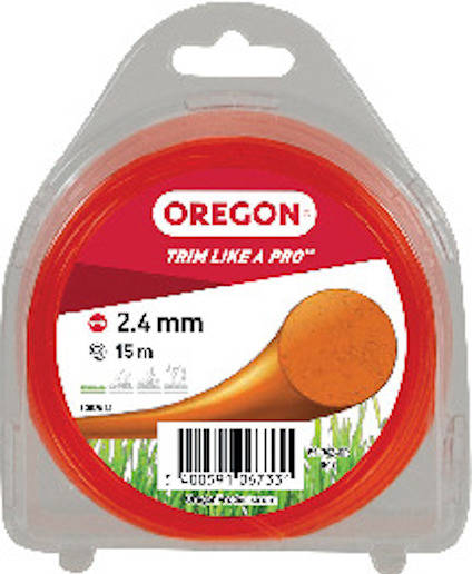 Förpackning med orange trimmertråd, märkt "Oregon 2,4 mm, 15 m. Trim Like a Pro".
