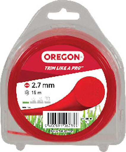 Förpackning med 15 m röd trimmertråd, 2,7 mm, märkt "OREGON" och "TRIM LIKE A PRO".