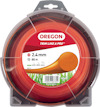 Röd trimmertråd i plastförpackning, märkt "OREGON", 2.4 mm tjock, 88 m lång.
