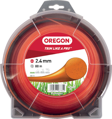 Röd trimmertråd i plastförpackning, märkt "OREGON", 2.4 mm tjock, 88 m lång.