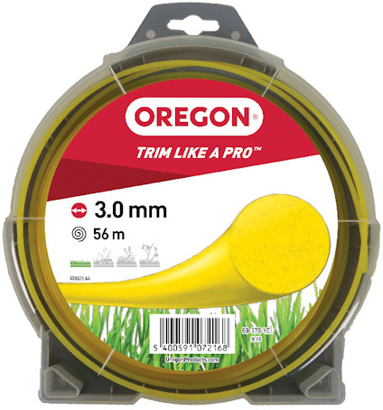 Gul trimmerlina, 3,0 mm, 56 m från märket Oregon, i en rund plastförpackning.