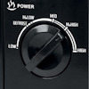 Svart ratt med texten "Power"; positioner: Defrost, M. Low, Med, M. High, High, Low.