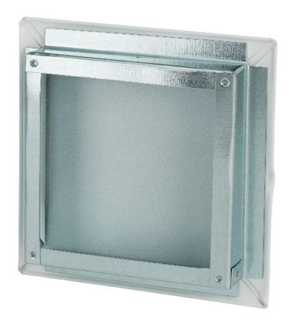 Ventilationsgaller av metall med fyrkantig ram och nät, på vit bakgrund.