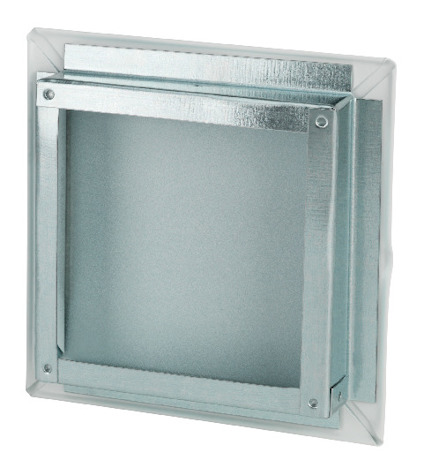 Fyrkantig glasblock med metallram och transparenta kanter.