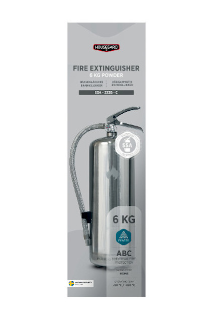 Brandsläckare 6 kg pulver, klass ABC med slang, etikett med text på engelska, i förpackning från Housegard.