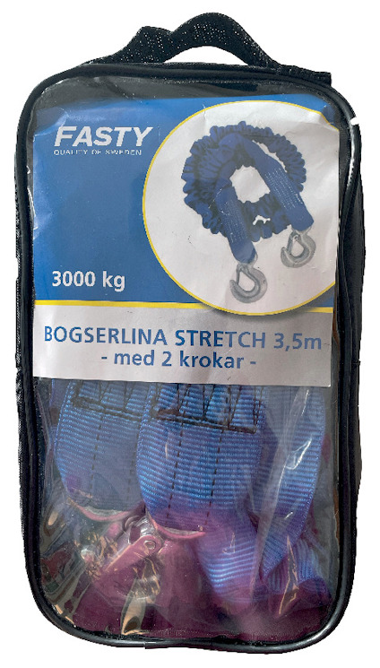 Förpackning med bogserlina stretch 3,5m, 3000 kg, med 2 krokar, från Fasty.