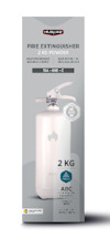 Brandsläckare 2 kg pulver, vit färg. Märke: Housegard. Text på förpackningen: ABC brandsläckare, 13A-89B-C.