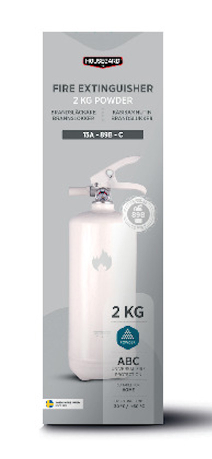 Brandsläckare 2 kg pulver, vit färg. Märke: Housegard. Text på förpackningen: ABC brandsläckare, 13A-89B-C.