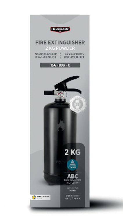 Brandsläckare, 2 kg pulver, märkning 13A-89B-C, svart design, Housegard logotyp.