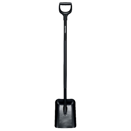 Svart spade med D-format handtag och fyrkantigt blad.