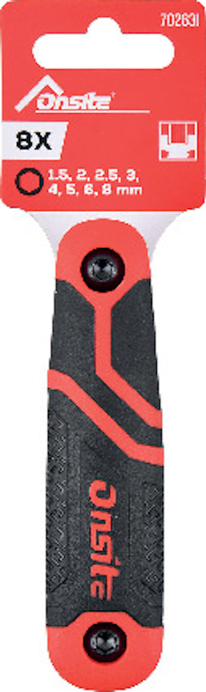 Svart och rött handtag med text "Onsite". Etikett visar storlekar 1.5-8 mm och kod 702631.