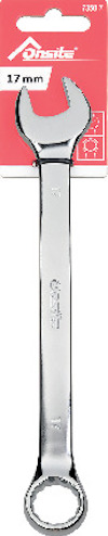 Skiftnyckel i metall, storlek 17 mm, med ögla. Förpackningstext: "17 mm", varumärke "tonsite".
