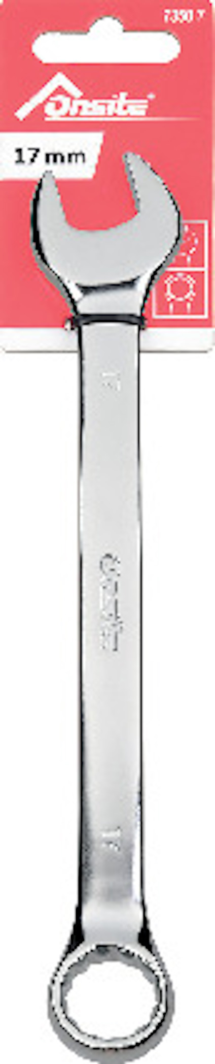 Skiftnyckel i metall, storlek 17 mm, med ögla. Förpackningstext: "17 mm", varumärke "tonsite".