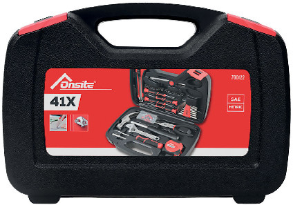 Svart verktygsväska med rött och vitt märke "Onsite 41X". Bild på öppnad verktygslåda med verktyg inuti.