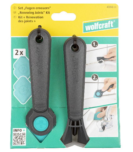 Förpackning med två verktyg från Wolfcraft för fogrenovering.
