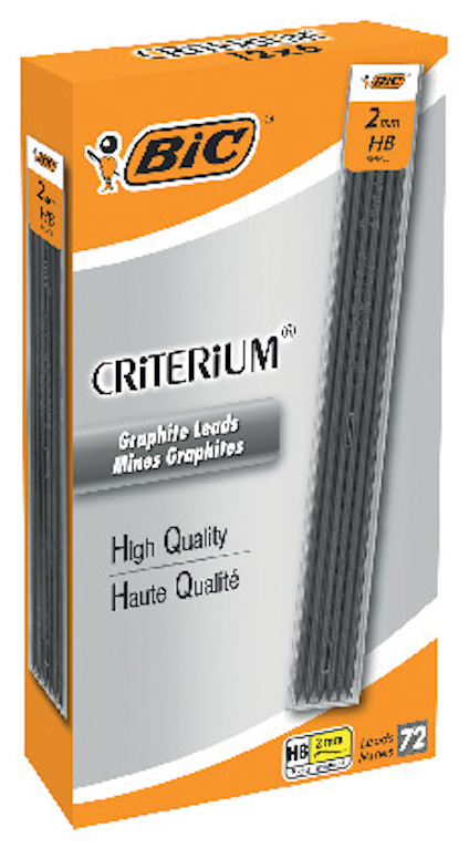 Orange förpackning med BIC Criterium grafitstift 2mm HB, 72 stift. Text: "High Quality, Haute Qualité."