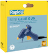 Förpackning till Rapid Mini Glue Gun med illustration av limpistol och text på flera språk.