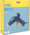 Förpackning med Rapid EG212 limpistol, blå design på gul bakgrund. Texter på flera språk.