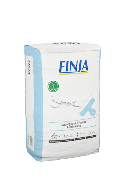 Förpackning av Finja lagningsbruk med illustration av spricka och spackelverktyg, samt text: "Lagningsbruk / Finpuss Repair Mortar".