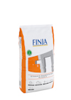 Vit och orange säck med texten "FINJA" och illustration av murverk.