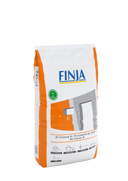 Vit och orange säck med texten "FINJA" och illustration av murverk.