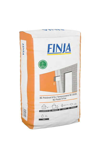 Vit och orange säck med märkningen "FINJA" och illustration av vägg- och fönsterputsning.
