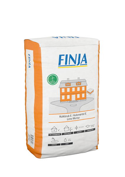 Förpackning av Finja kalkbruk med illustration av ett hus på framsidan och orange detaljer.