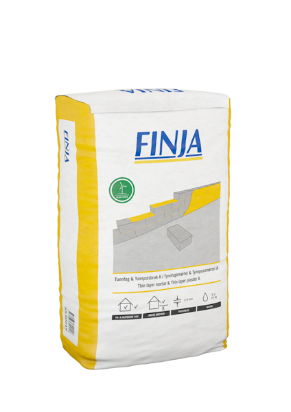 Vit och gul säck med texten "FINJA" och illustrationsbild av en murad vägg med tunnputs.