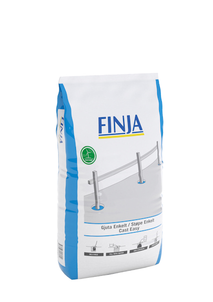 Säck med texten "FINJA" och en illustration av en staketinstallation.