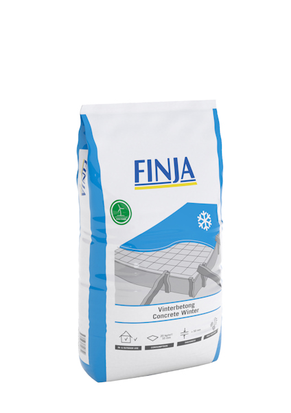 Påse med texten "Finja" och "Vinterbetong Concrete Winter" med symboler för frostskydd och användningsområden.