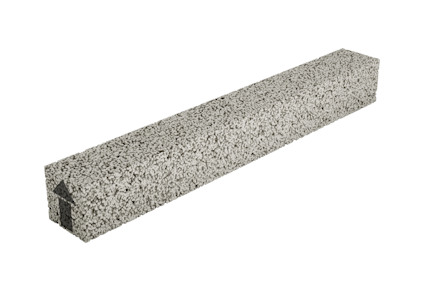 Rektangulär murbalk i grå betong med grov yta och pilmarkering.