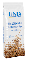 Förpackning med texten "FINJA Lös Lättklinker Lettklinker Løs 10-20K mm 50 L" och bild av lätta, bruna kulor.